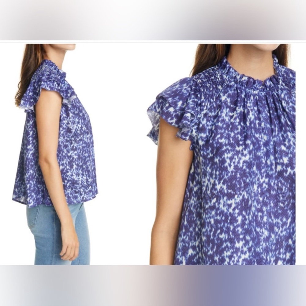 SEA NEW YORK Lapis Azul Blue Celine Short Sleeve Smocked Silk Top. Size M